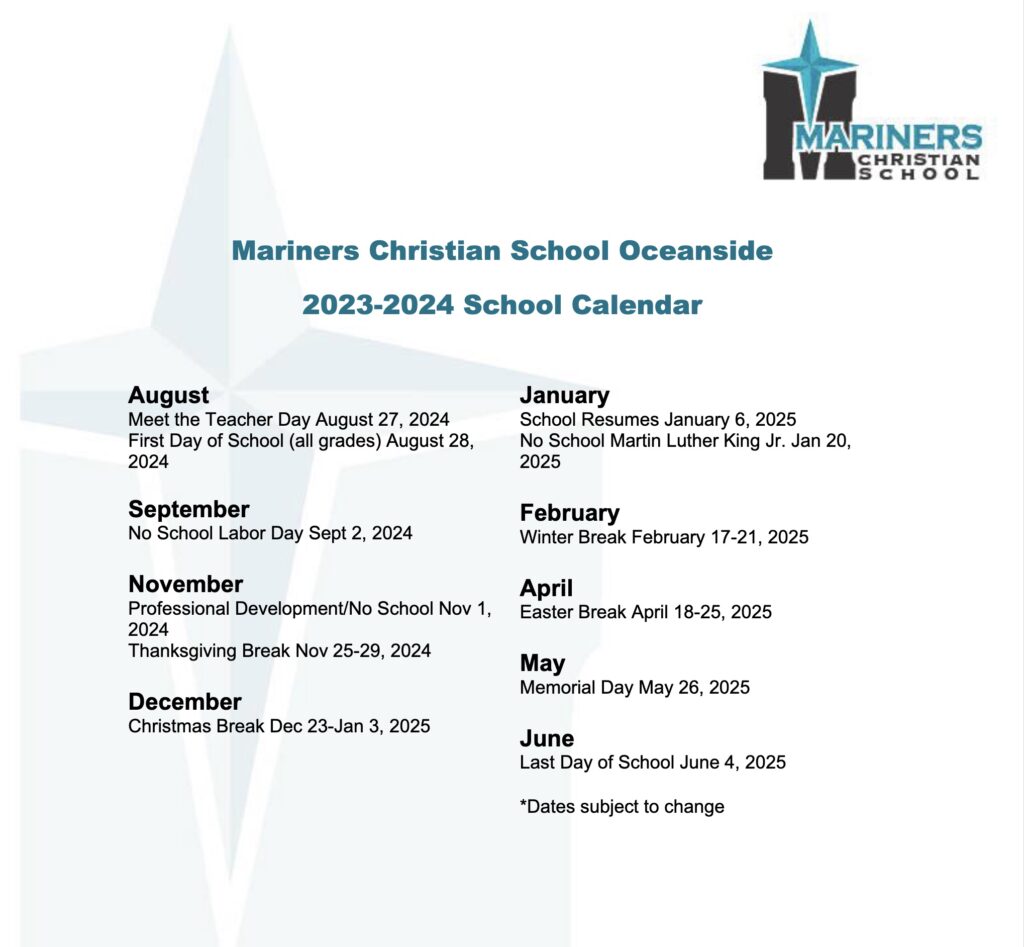 Mariners Christian School Oceanside 2024-2025 calendar